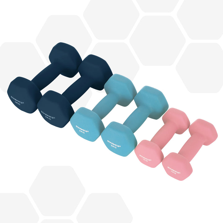 Hex-håndvægtssæt med stativ – 2 x 1 kg, 2 x 2 kg, 2 x 3 kg, neoprenmat finish, håndvægte til hjemmetræning, pink, aqua og blå