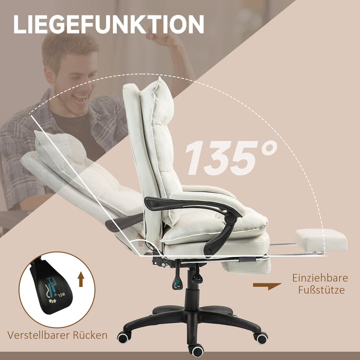 Massagekontorstol, skrivebordsstol med massagefunktion, højdejusterbar, ergonomisk drejestol, nylon, cremehvid