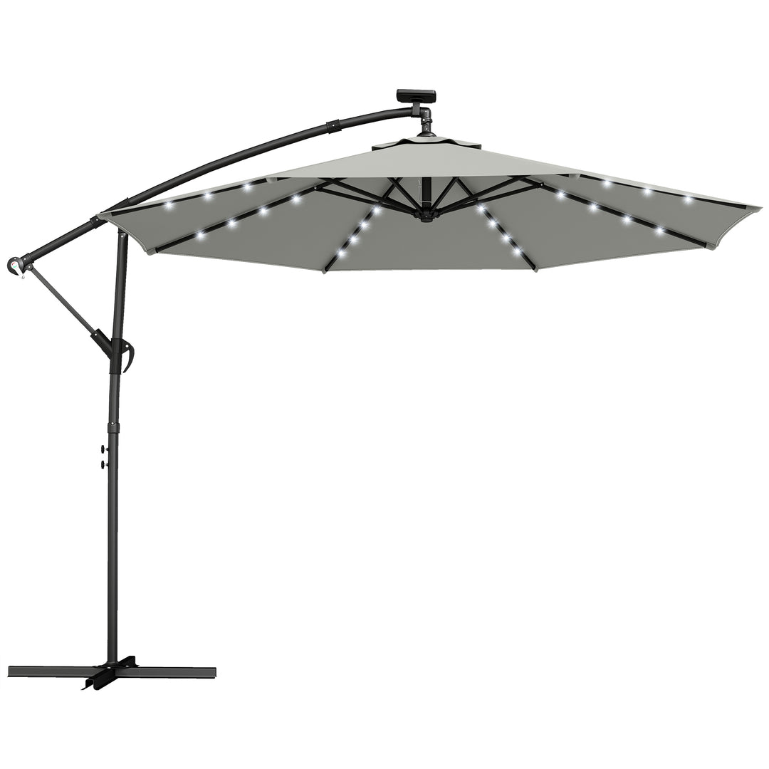 LED solcelledrevet parasol, ca. Ø300 cm, drejelig, med håndsving, beskyttelsesovertræk, lysegrå