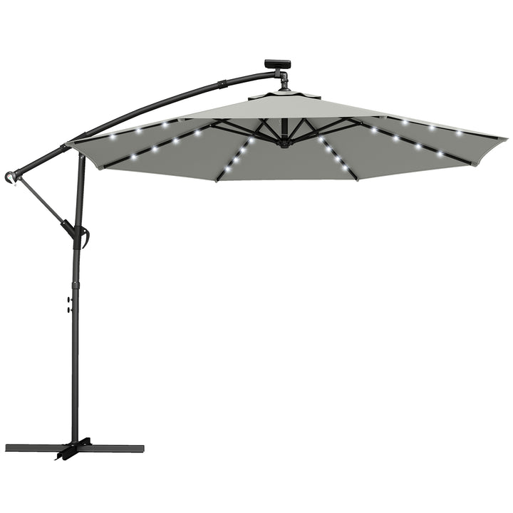 LED solcelledrevet parasol, ca. Ø300 cm, drejelig, med håndsving, beskyttelsesovertræk, lysegrå