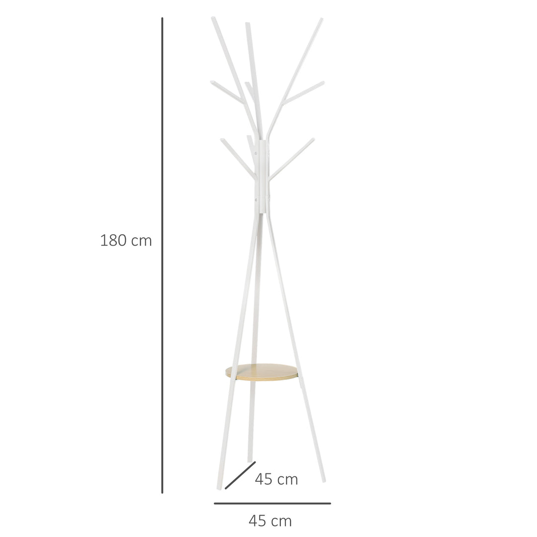 Knagerække, tøjstativ med 8 kroge, knagerække med hylde, stående knagerække til tøj, hatte, tasker, metal, hvid, 45 x 45 x 180 cm