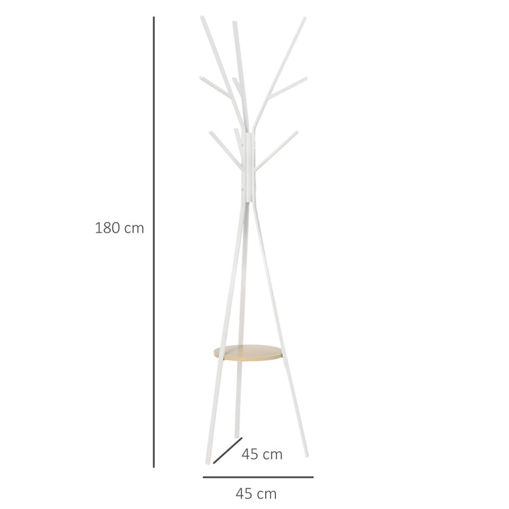 Knagerække, tøjstativ med 8 kroge, knagerække med hylde, stående knagerække til tøj, hatte, tasker, metal, hvid, 45 x 45 x 180 cm
