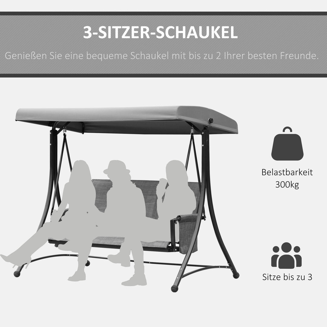 Hollywood-gynge med sidelomme, 3-personers havegynge med justerbar solskærm, gyngebænks bæreevne op til 300 kg, til have, terrasse, 196 x 128 x 172 cm, mørkegrå