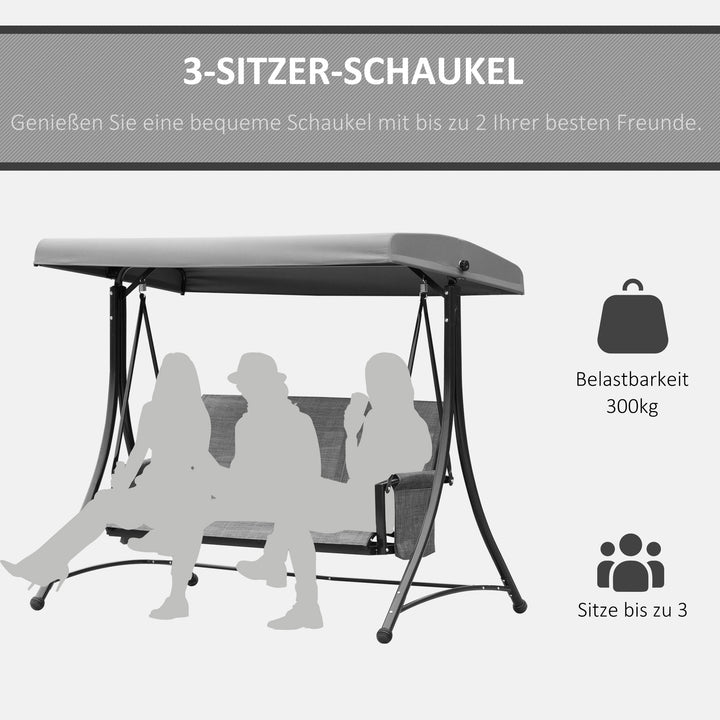 Hollywood-gynge med sidelomme, 3-personers havegynge med justerbar solskærm, gyngebænks bæreevne op til 300 kg, til have, terrasse, 196 x 128 x 172 cm, mørkegrå