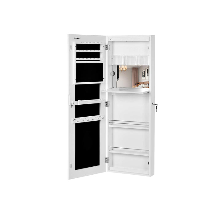 Smykkeskab, rammeløst ekstra bredt spejlskab, smykkeskab med kroge og indbygget spejl, makeup, aflåseligt