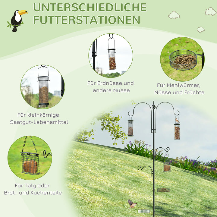 Fuglefoderstationssæt af stål, højde 208 cm, inklusive 4 kroge, fuglebad, foderplade, komplet fodersøjle, fuglefoderstation, sort