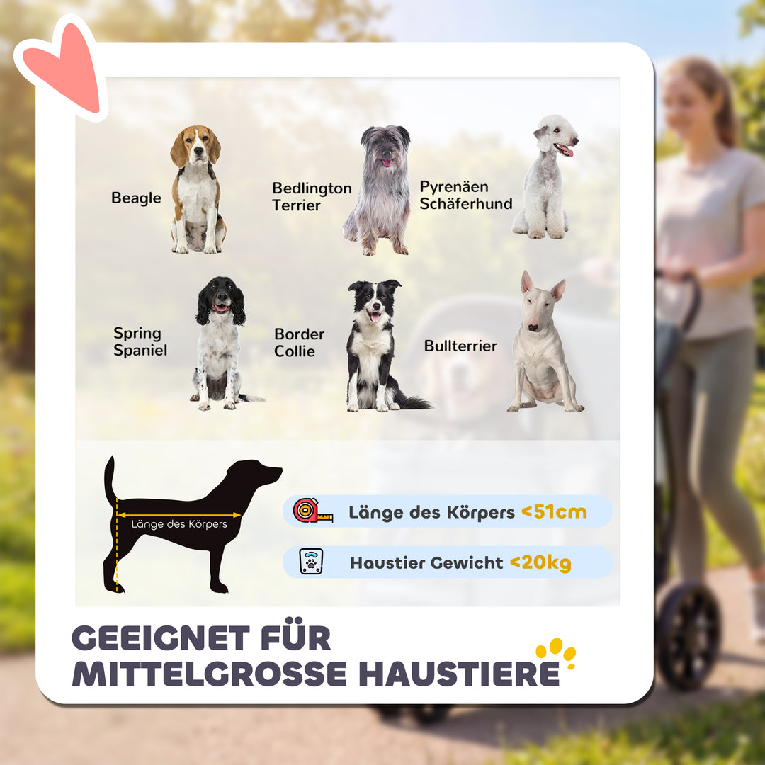 Sammenklappelig hundebåren/hundevogn med vaskbar hynde, netvinduer, 3 hjul, til mellemstore hunde op til 20 kg, grå