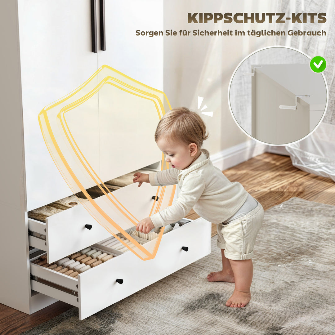 Garderobe, 2 døre, bøjleområde, bøjlestang, 2 skuffer, spånplade, hvid