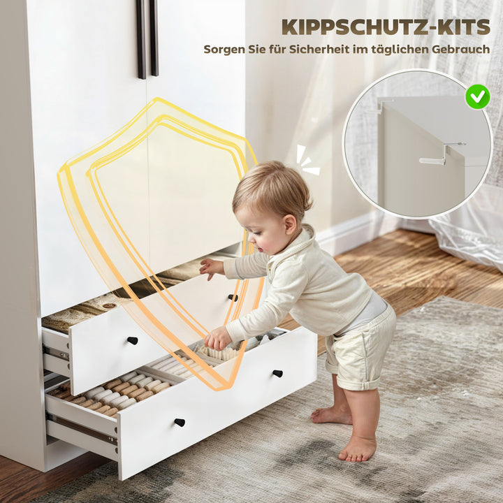 Garderobe, 2 døre, bøjleområde, bøjlestang, 2 skuffer, spånplade, hvid