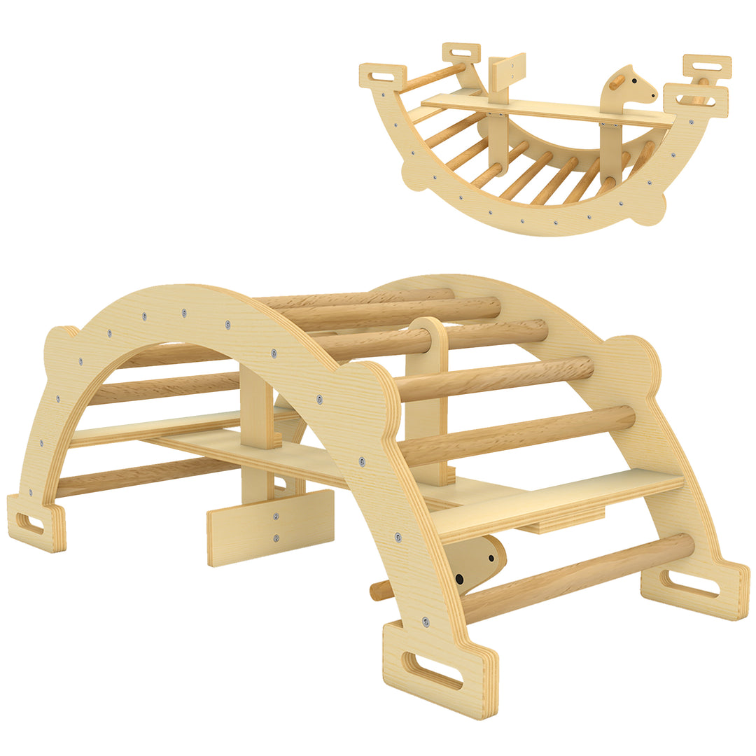 Montessori indendørs klatrestativ, 2-i-1 træklatrebue, til børn 2-4 år, 110x52x45 cm, naturtræ