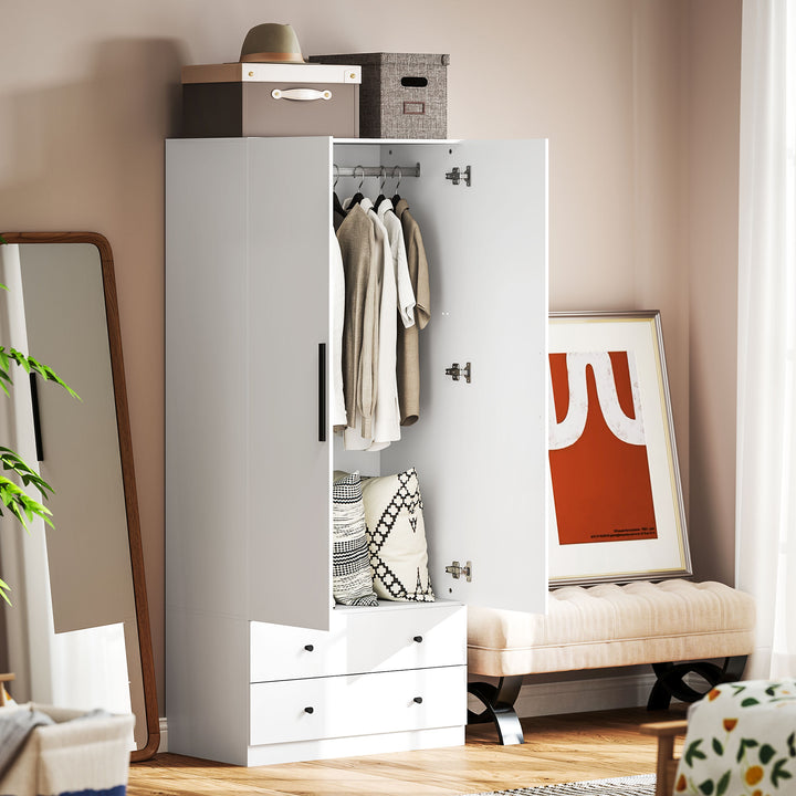 Garderobe, 2 døre, bøjleområde, bøjlestang, 2 skuffer, spånplade, hvid