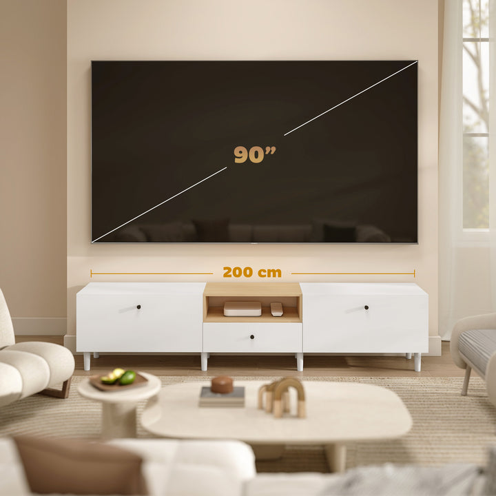 200 cm TV-skab til fjernsyn op til 90 tommer, 2 klaprum, åbent rum, skuffe, 8 ben, spånplade, hvid