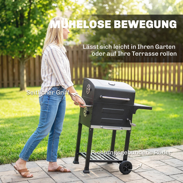 Kompakt kulgrillvogn med låg, termometer, grillrist, sidebord, askeskuffe og ventilationsåbninger.