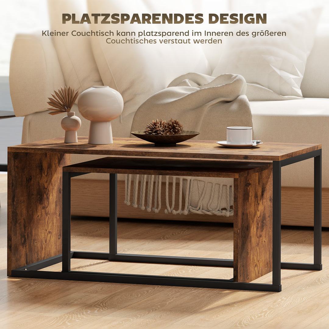 Sæt med 2 sofaborde, sofaborde, sideborde, spånplade, metal, 90 x 48 x 42 cm/59 x 42 x 36 cm, sort+brun