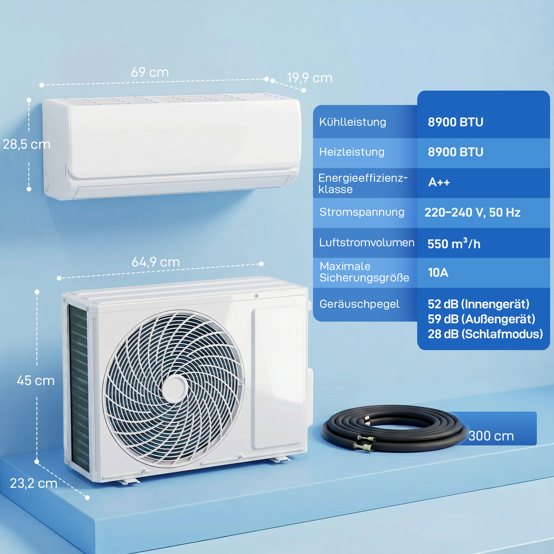 9000 BTU Mini Split Aircondition & Varmepumpe, WiFi-aktiveret inverter-klimaanlæg med installationssæt
