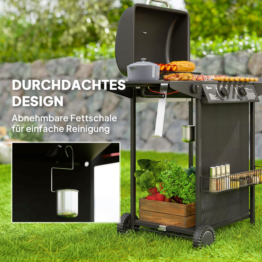 Gasgrill 7 KW grillvogn inkl. 3 brændere, sidebrænder, hjul, låg, 107 x 54 x 96 cm, sort