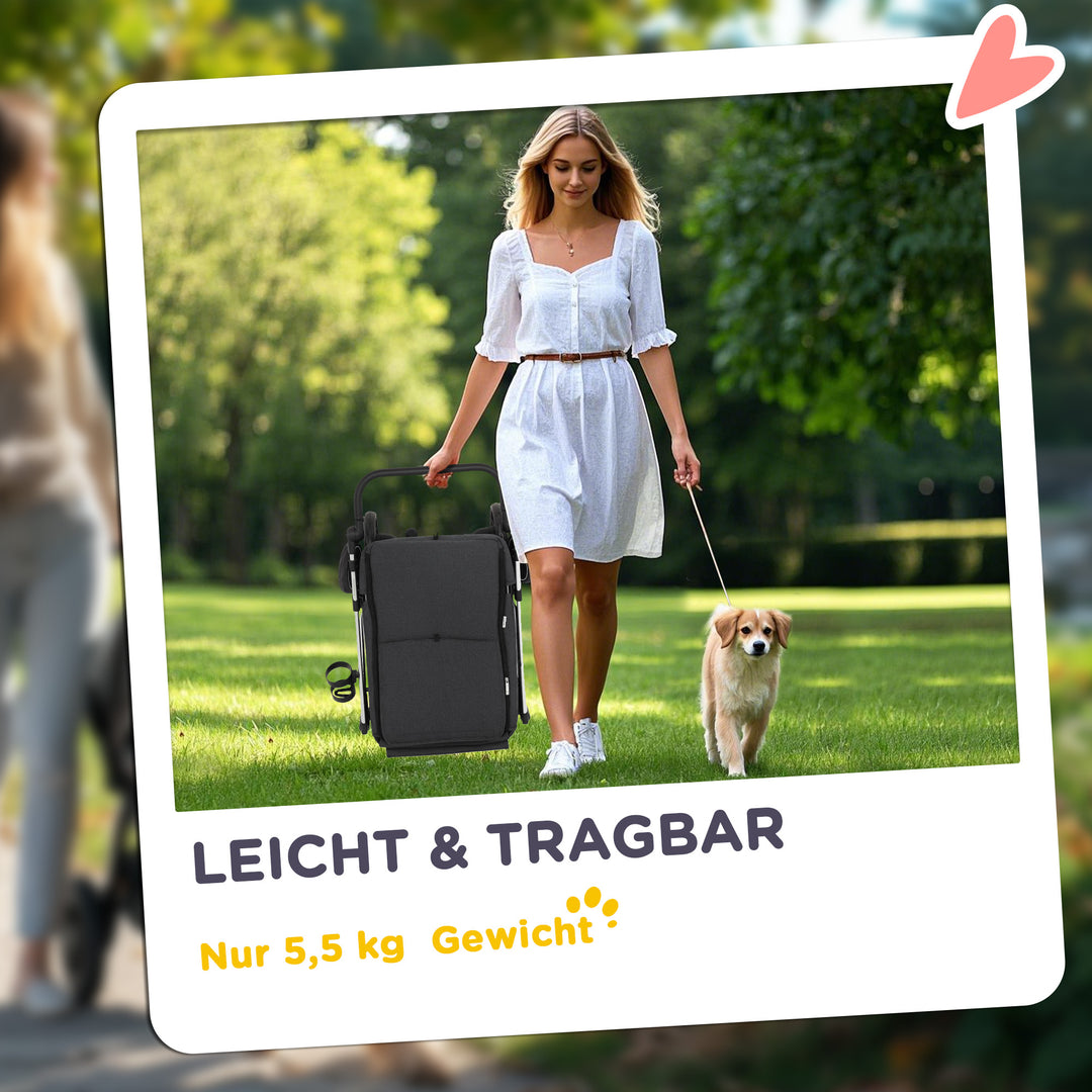 Hundeklapvogn, let og sammenklappelig transportvogn til små hunde, vaskbar hynde, netvindue, grå