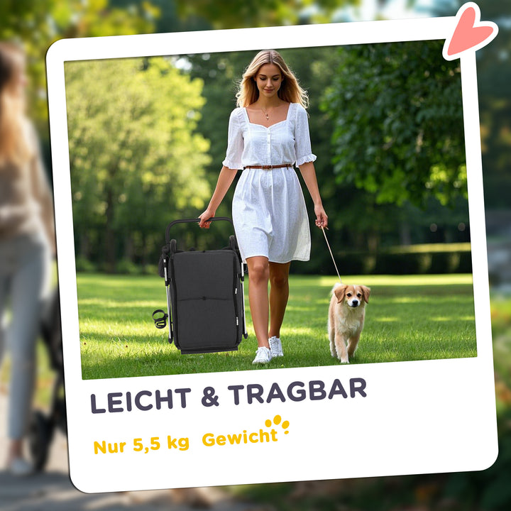 Hundeklapvogn, let og sammenklappelig transportvogn til små hunde, vaskbar hynde, netvindue, grå