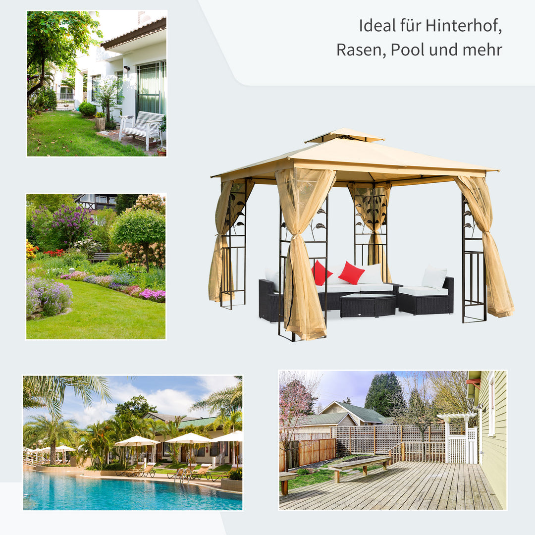 Luksus 3x3 m pavillon, havepavillon med dobbelttag, festtelt med sidepaneler, partytelt, havetelt, pagode, beige