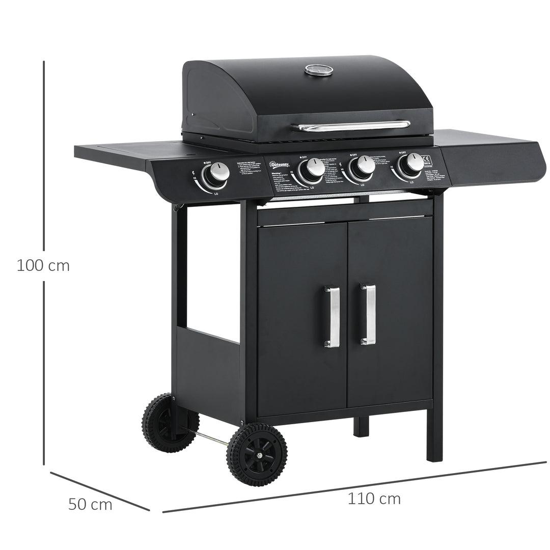 Gasgrill med 3 hovedbrændere + 1 sidebrænder, opbevaringshylde, rustfrit stål, sort, 110 x 50 x 100 cm