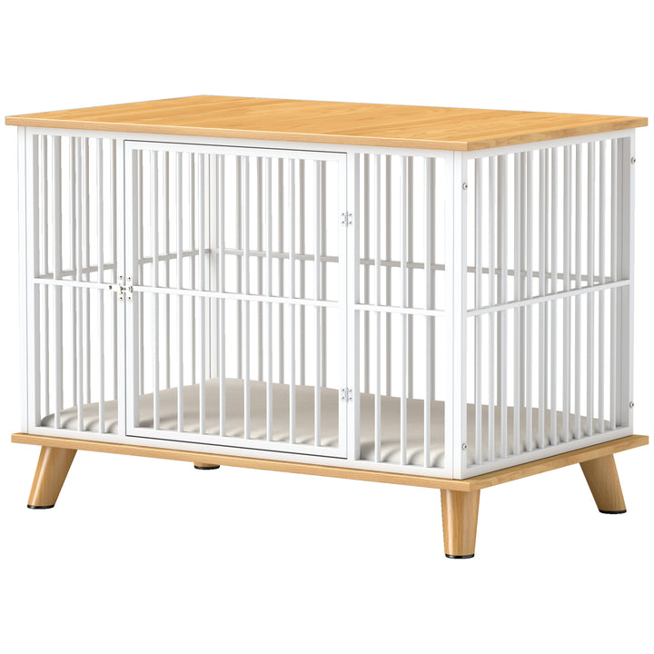 Hundebur med låsbar dør, aftagelig hynde, god ventilation, stål, 86x60x70 cm, hvid+grå