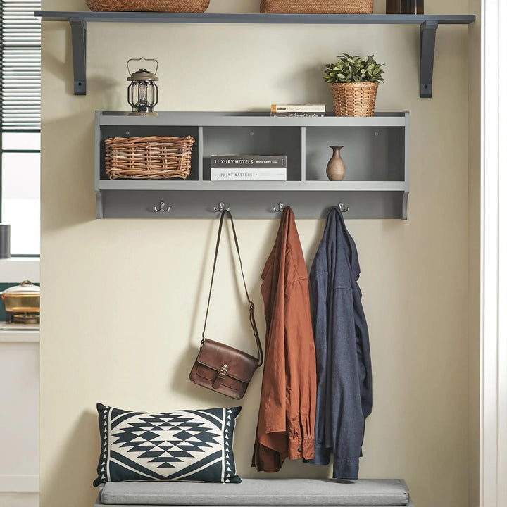 Væghængt knagerække med hylder, moderne entréhylde til jakker og opbevaring, B: 100 cm, D: 25 cm, H: 35 cm, grå