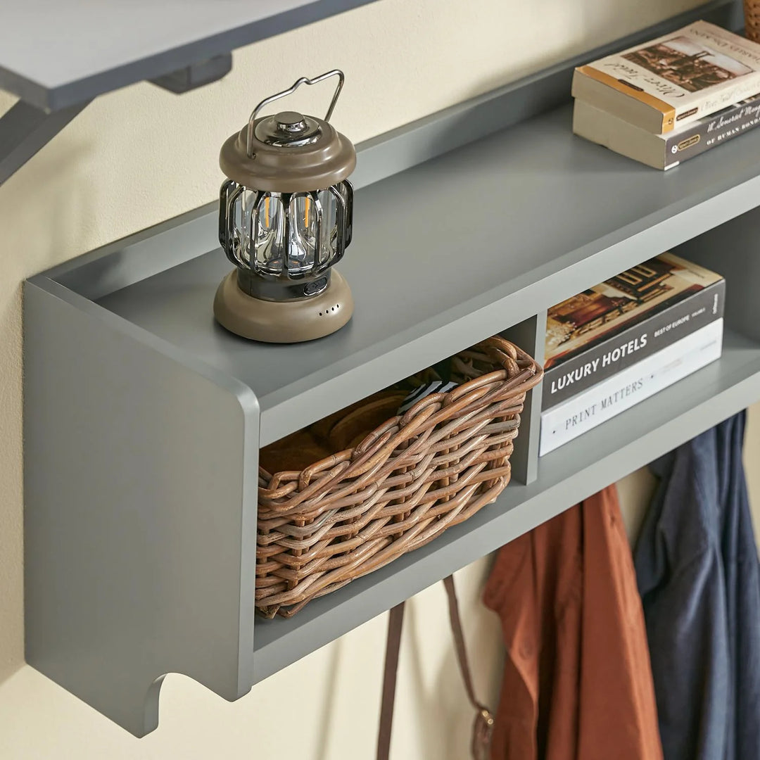 Væghængt knagerække med hylder, moderne entréhylde til jakker og opbevaring, B: 100 cm, D: 25 cm, H: 35 cm, grå