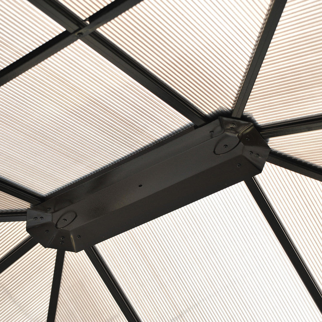 Havepavillon med hårdt tag 4,2 x 3,6 m, gardiner med fluenet, aluminiumsramme, brun+creme