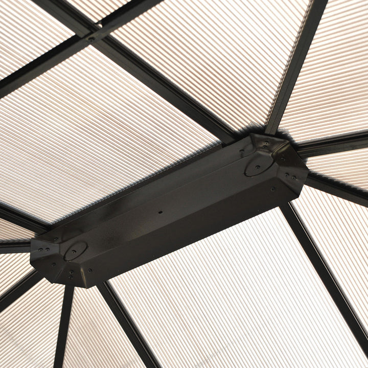 Havepavillon med hårdt tag 4,2 x 3,6 m, gardiner med fluenet, aluminiumsramme, brun+creme