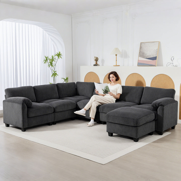 Hjørnesofa, U-formet sofa, sofa med fjederbetræk, polstrede armlæn, bevægelig puf, corduroy, 292x224x85 cm, mørkegrå