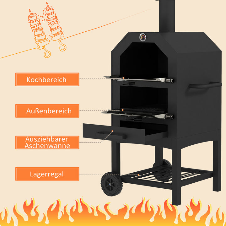 2-i-1 udendørs pizzaovn, med pizzasten, askebæger, 2 grillriste, termometer, rustfri, sort
