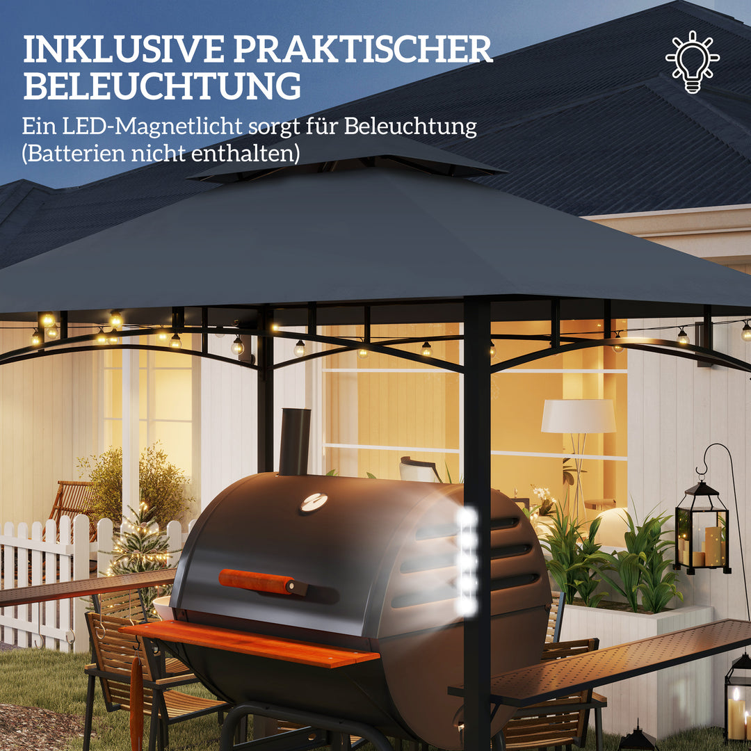 Grillpavillon, havegrilltelt med krydderirækker, LED-belysning, metal, plastik, 243L x 148B x 248H cm, grå