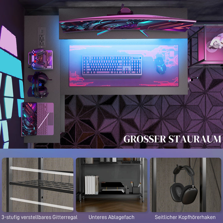 L-formet skrivebord med LED-belysning, stikkontakter, USB-porte, vendbart computerbord med hylde, 107 x 80 x 90 cm, sort