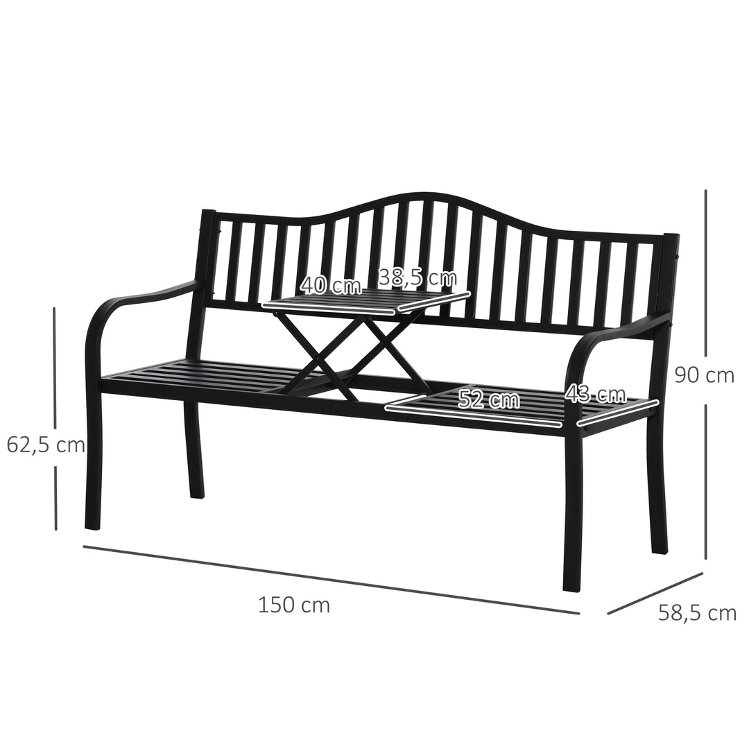 2-personers havebænk, robust parkbænk med udtrækkeligt bord, 240 kg lasteevne, terrassebænk med ryglæn og armlæn, havemøbler til terrasse, have, 150 x 58,5 x 90 cm, sort