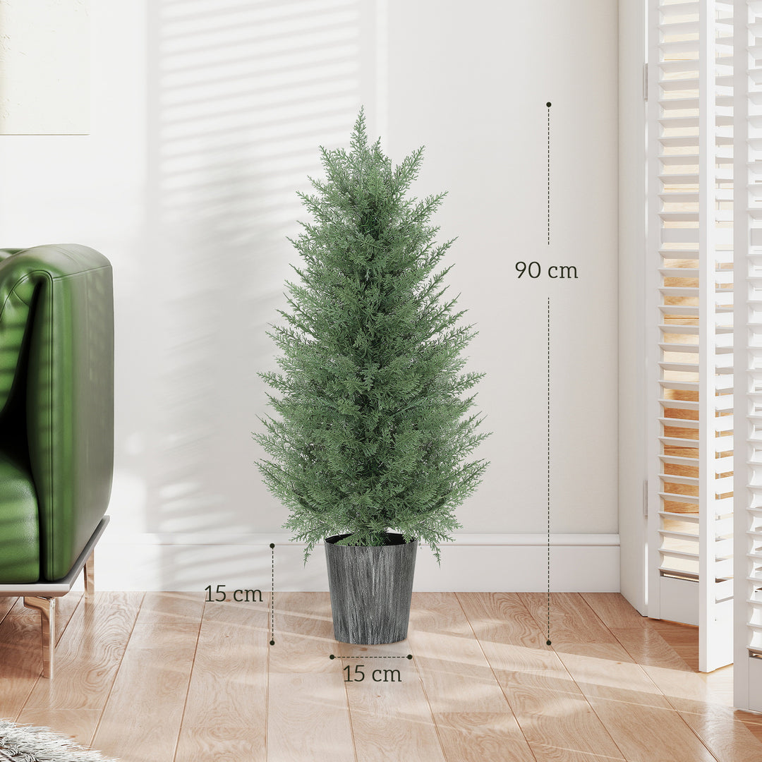 Sæt med 2 store kunstige cypresser, 90 cm, kunstige planter, kunstige plastikplanter i potter 15 x 15 x 90 cm, grønne