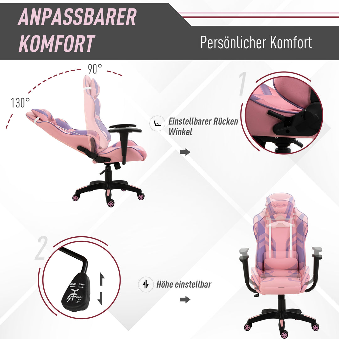 Ergonomisk gamingstol kontorstol drejestol justerbar massage lændepude højdejusterbar pink og lilla 69 x 56 x 125,5 cm