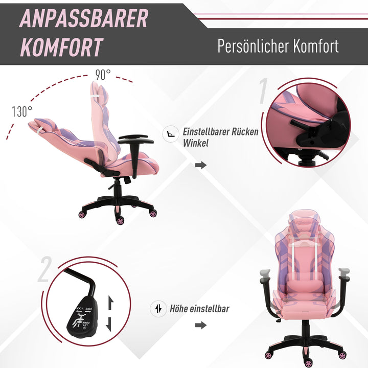 Ergonomisk gamingstol kontorstol drejestol justerbar massage lændepude højdejusterbar pink og lilla 69 x 56 x 125,5 cm