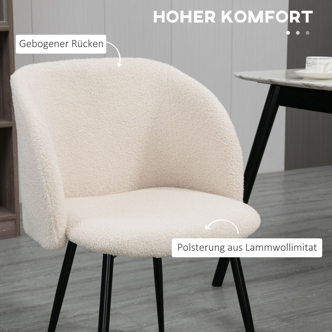 Sæt med 2 spisebordsstole, polstrede stofkøkkenstole med stålben, buet ryglæn, cremehvid