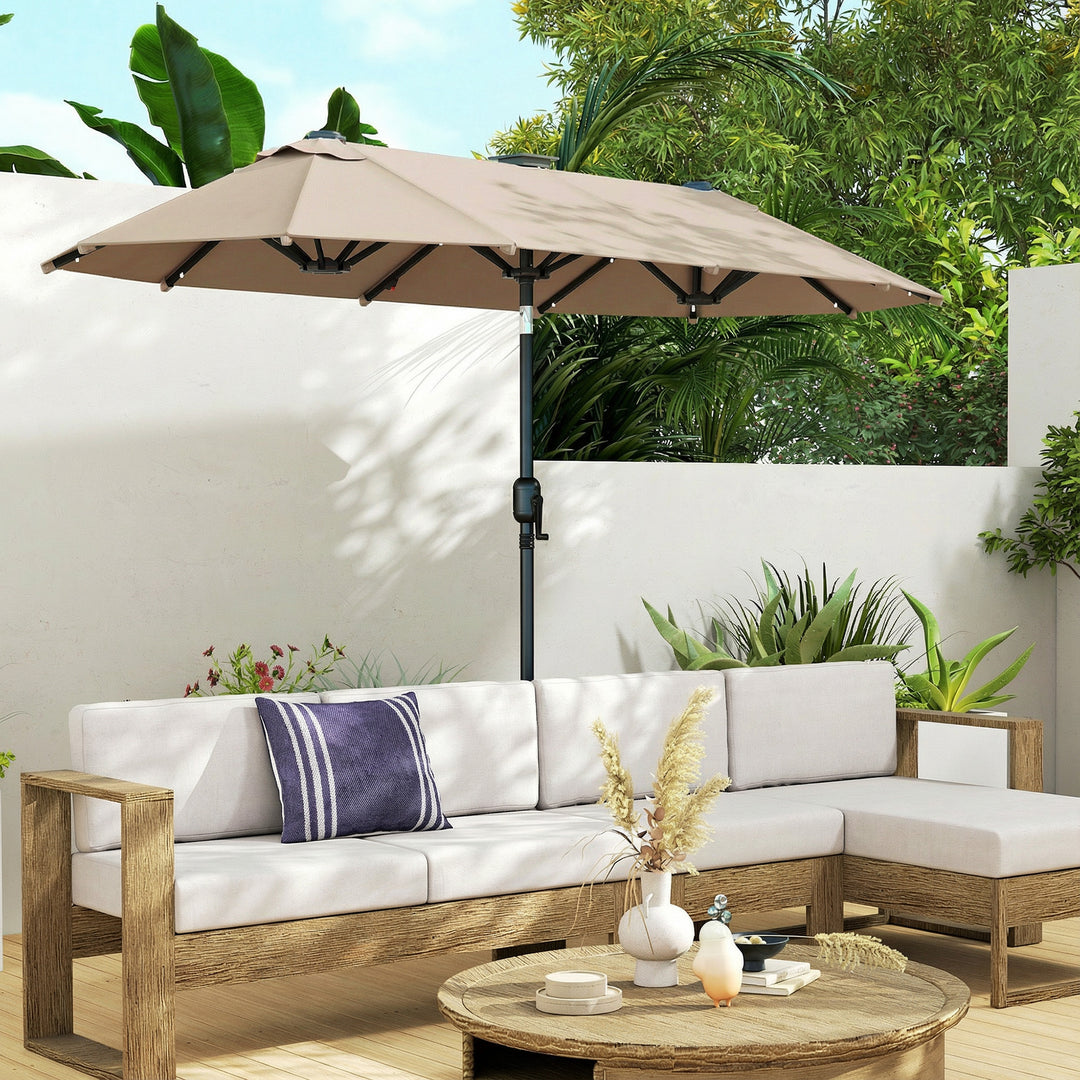 Dobbelt parasol 292 x 150 cm, parasol med LED-belysning, håndsving, vippefunktion, khaki