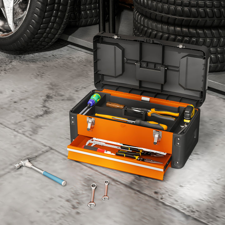 Tom værktøjskasse, 49,7 x 25,3 x 23 cm værktøjskasse med skuffe, minikasse stål orange