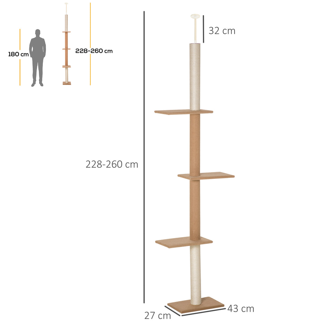 Kradsetræ med loftshøjde, 228-260 cm højdejusterbart kradsetræ, klatretræ til katte med 3 niveauer, kradsetræ til katte, legetræ fra gulv til loft, khaki