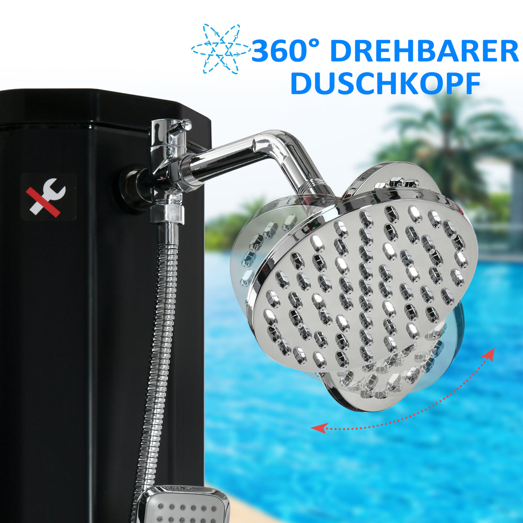 Solbruser 35 liter 0-55 ℃ varmtvands campingpoolbruser med hane og regnbruserhoved sort 17,5 x 14,5 x 216 cm