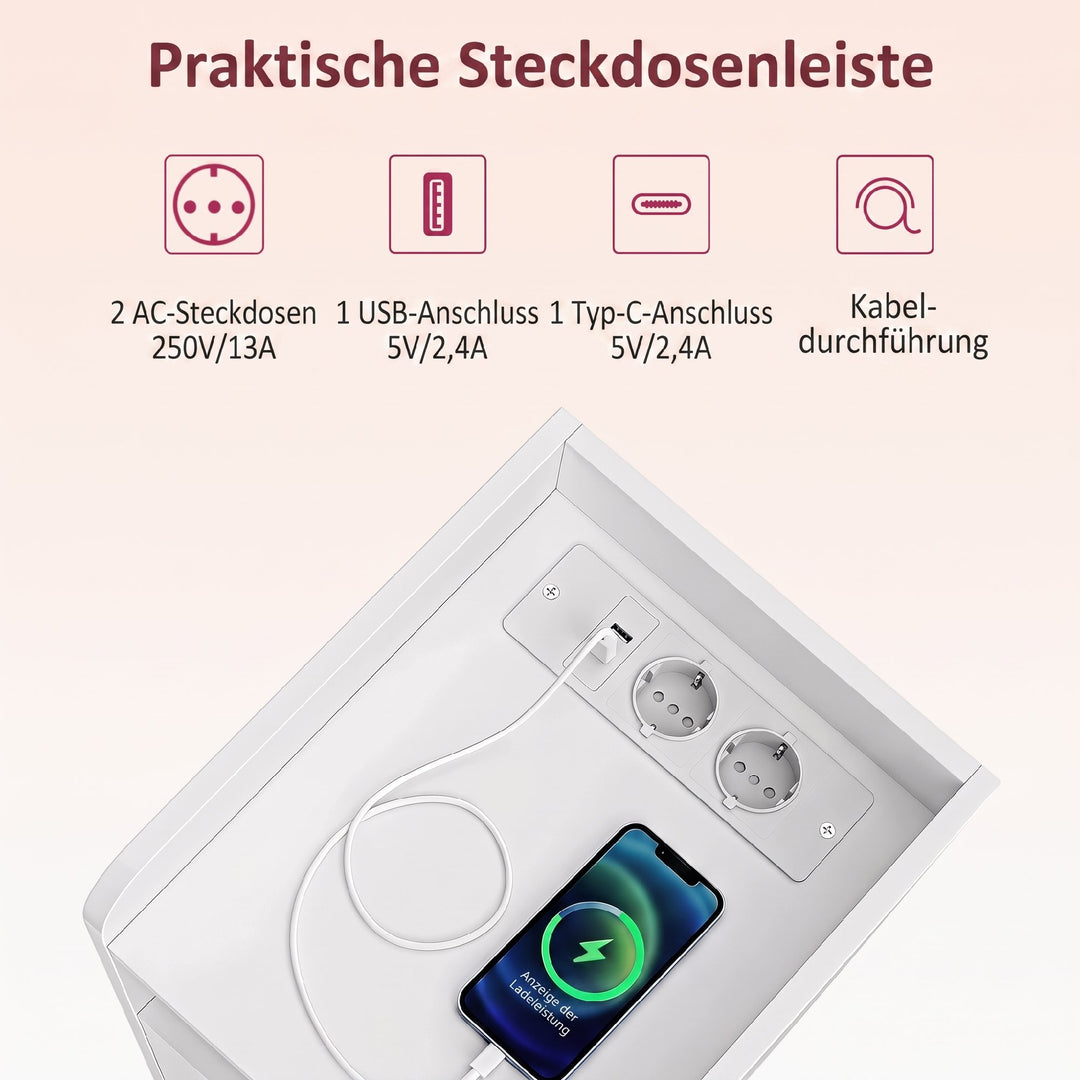 Natbordsæt med 2 dele og ladestation, smalt natbord hvidt