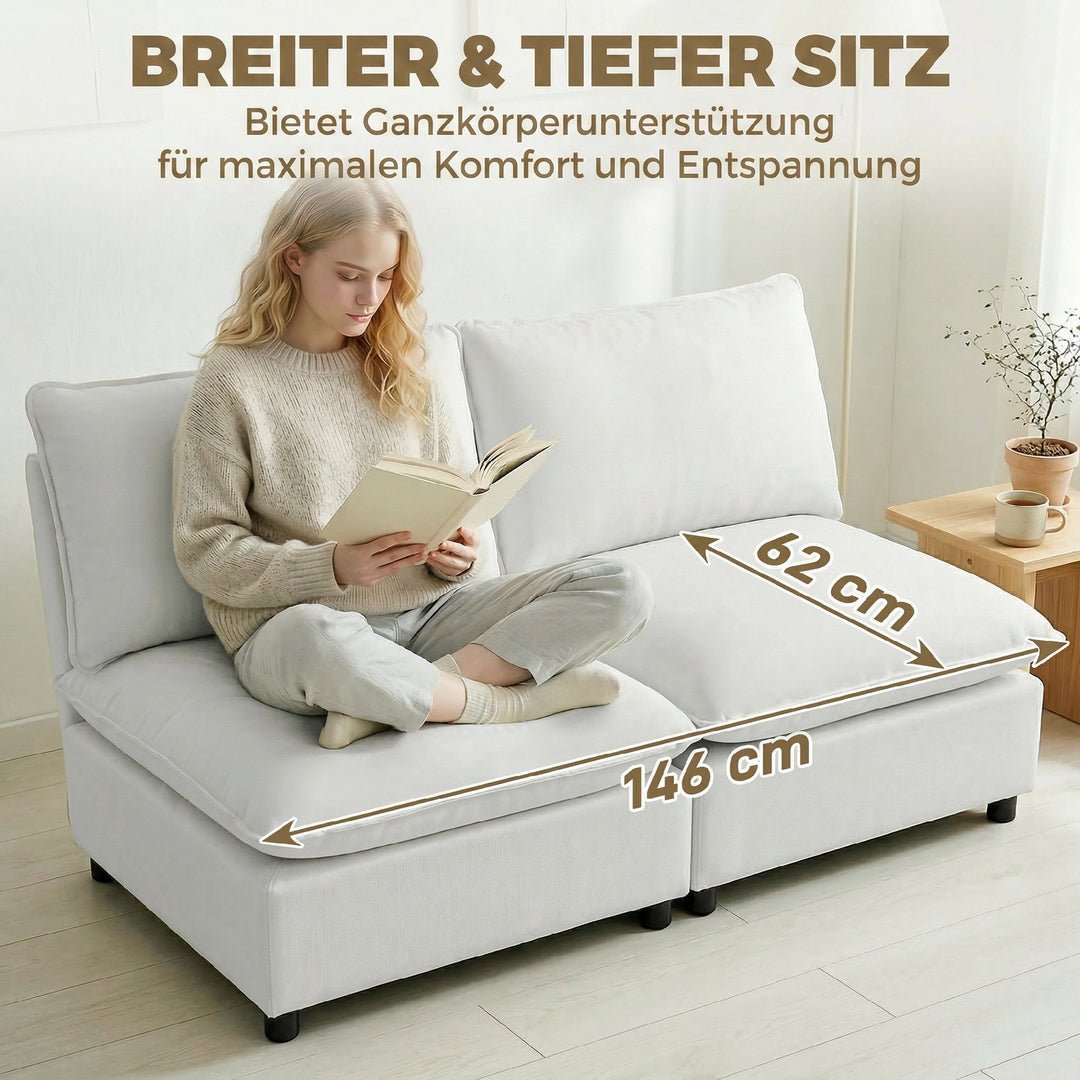 2-personers sofa, 146 cm modulær sofa i kunstlæder med bredt og dybt sæde, tykke hynder, nem montering, grå