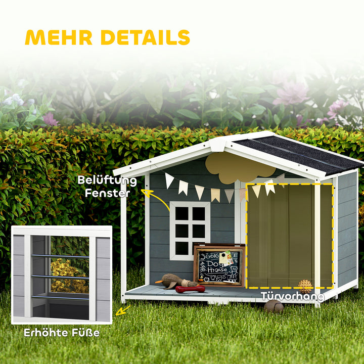 Vejrbestandigt hævet træhundehus med asfalttag og terrasse, til mellemstore hunde, 103x107x83,5cm, grå