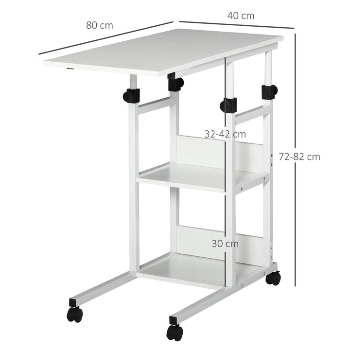 Sidebord med hjul, højdejusterbart, kompakt, 2 hylder, metalstel, 80x40x72-82 cm, hvid