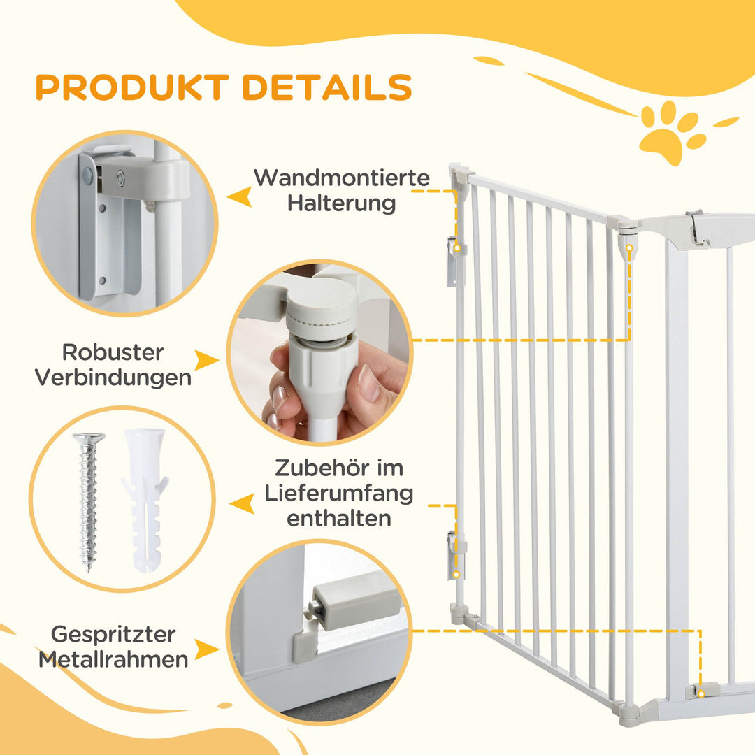 Hundegitter, hundegitter, dørbeskytter, 3 elementer, inklusive sikkerhedsdør, vægmonteret til pejs og komfur, metal, hvid, 180 x 3 x 74,5 cm