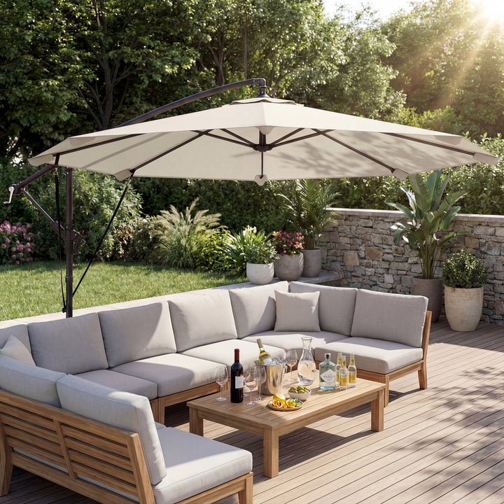 Fritstående parasol ca. Ø300 cm, vipbar, med håndsving, krydsfod, vindreb og beskyttelsesovertræk, cremehvid