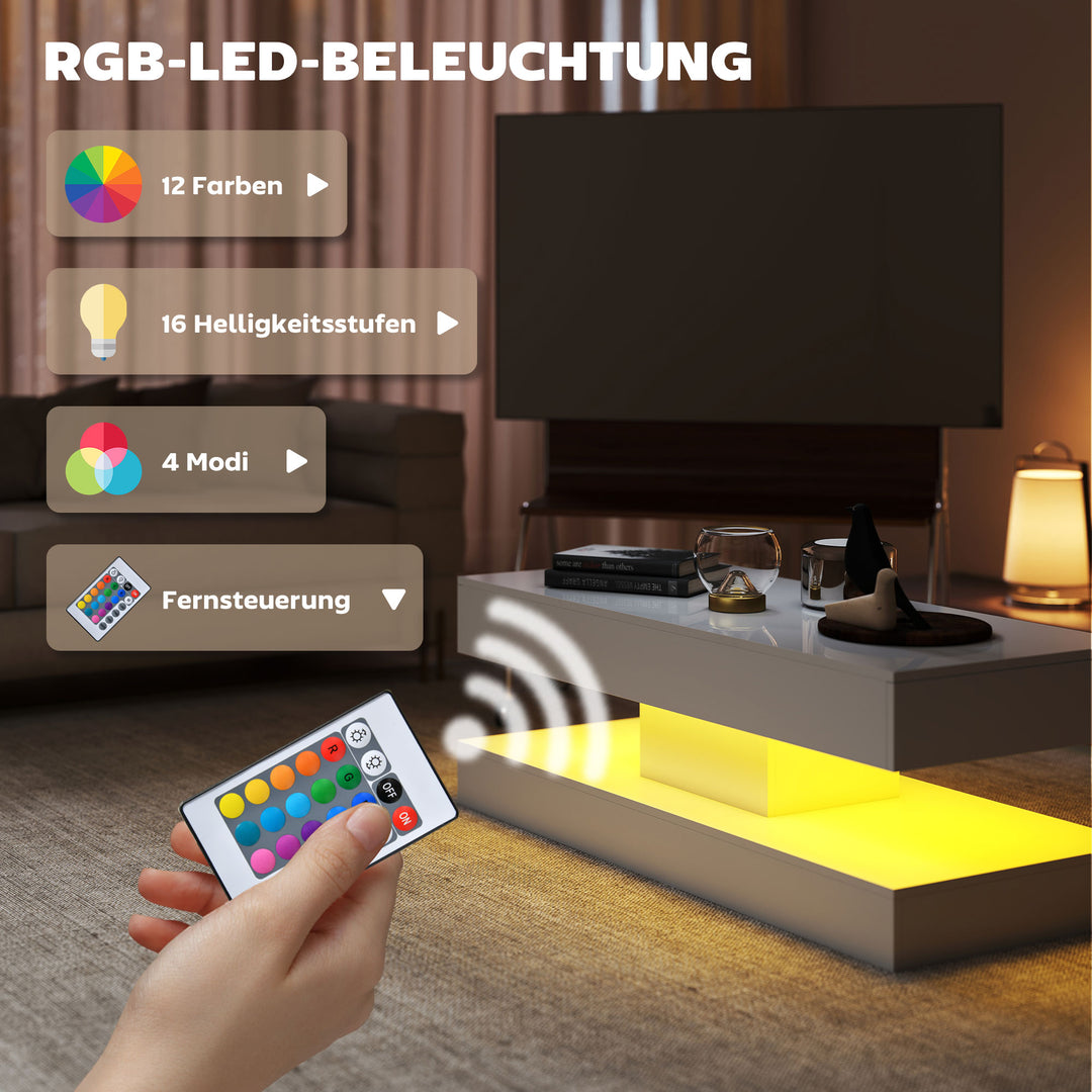 Stuebord med skuffer og led-lys, moderne sofabord med åben hylde, sofabord, spånplade, hvid