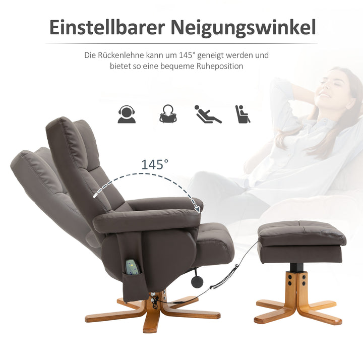 Afslappende lænestol med lænefunktion massagestol med fodskammel tv-stol tv-stol 145° vipbar lænestol ergonomisk stol med 10 vibrationspunkter kunstlæder brun 80 x 86 x 99 cm